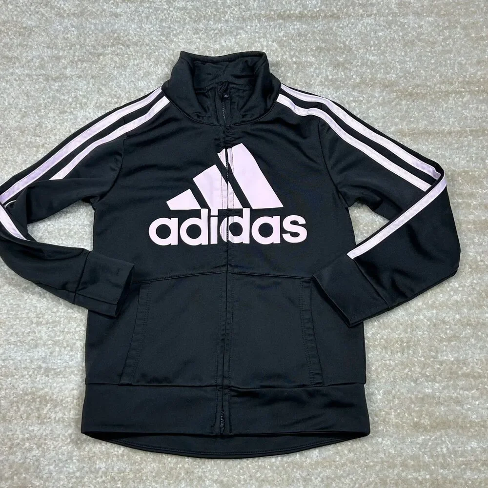 Adidas Track Jacket Girls 5 Black Pink Logo Full Zip Athletic Warm Up Striped
